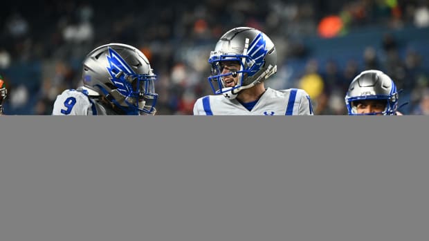 Feb 23, 2023; Seattle, WA, USA; St. Louis Battlehawks quarterback AJ McCarron (10) celebrates after scoring a touchdown against the Seattle Sea Dragons during the first half at Lumen Field. Mandatory Credit: Steven Bisig-USA TODAY Sports  